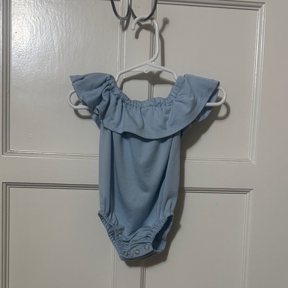 Ruffled Off-Shoulder Leotard  in Powder Blue